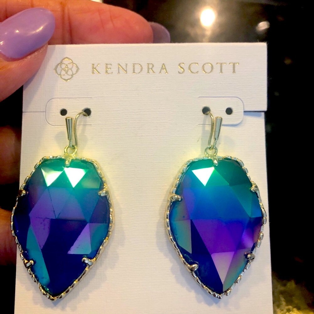 RARE & RETIRED Kendra Scott Corley Earrings Cobalt Iridescent Yellow Gold GORG! - Picture 4 of 13
